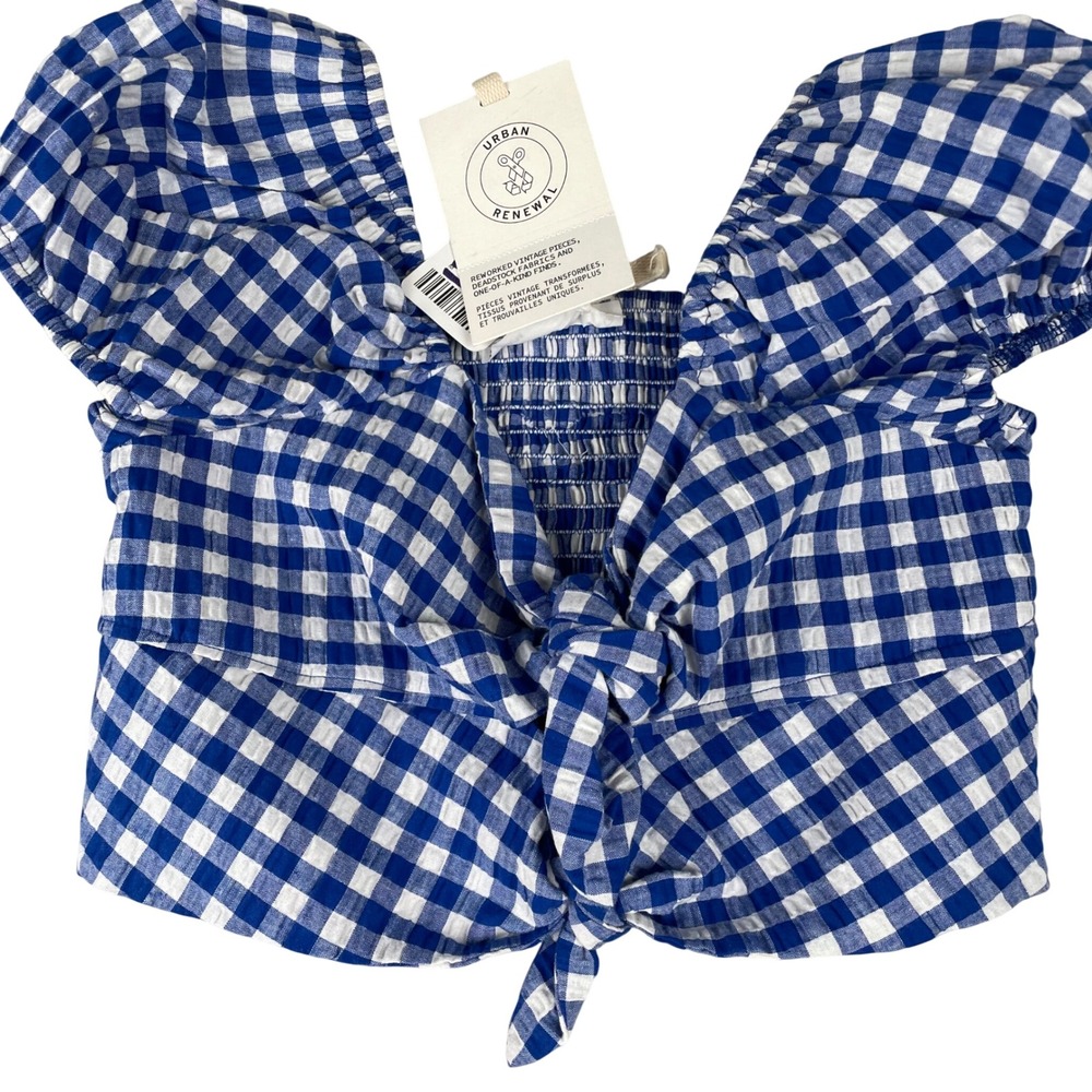 Urban Renewal Blue Gingham Tie Front Smocked Crop Top Vintage Fabric Medium NWT